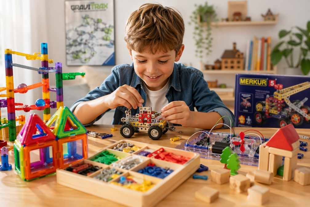 dítě si hraje se stavebnicemi a staví model z různých typů stavebnic