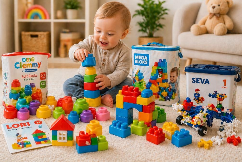 dítě skládá měkké kostky Clemmy a velké kostky Mega Bloks se stavebnicí Seva