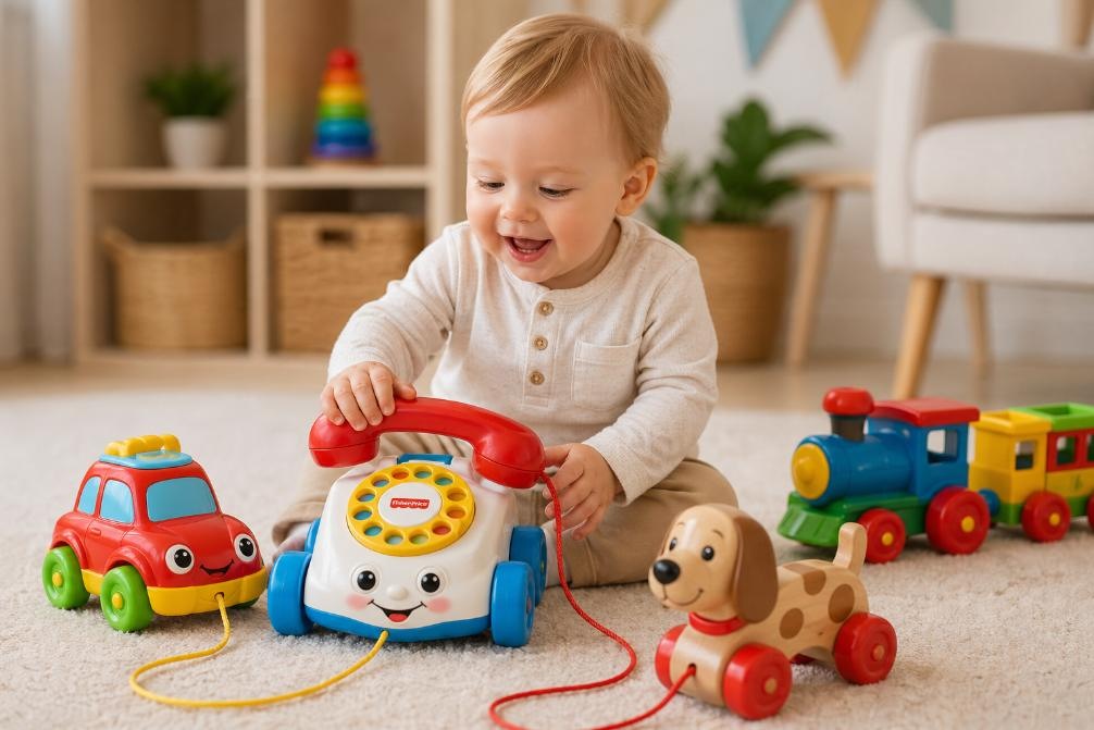 miminko s tahacím telefonem Fisher-Price a dřevěným pejskem na provázku