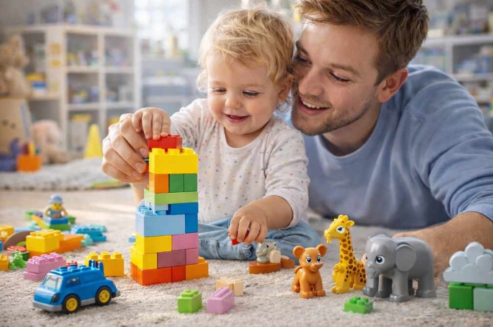 batole si hraje s LEGO DUPLO s rodičem – první stavění z kostek