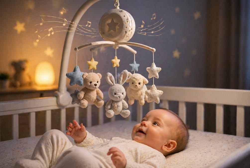 miminko v postýlce sleduje plyšový kolotoč s hracími hračkami a uklidňující melodií